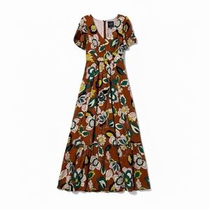 ModCloth Maxi Dress Women's Small Brown Floral Printed Rayon Cap Sleeve Boho